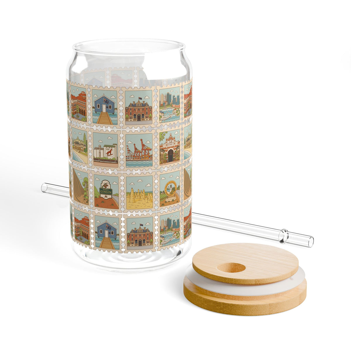 Glass Sipper Cup — Vintage Travel Postcard Collage, 16 oz with Bamboo Lid & Straw