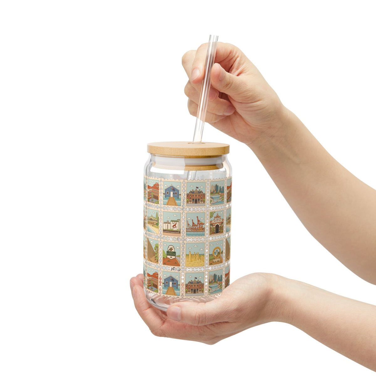 Glass Sipper Cup — Vintage Travel Postcard Collage, 16 oz with Bamboo Lid & Straw