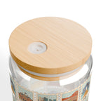 Glass Sipper Cup — Vintage Travel Postcard Collage, 16 oz with Bamboo Lid & Straw