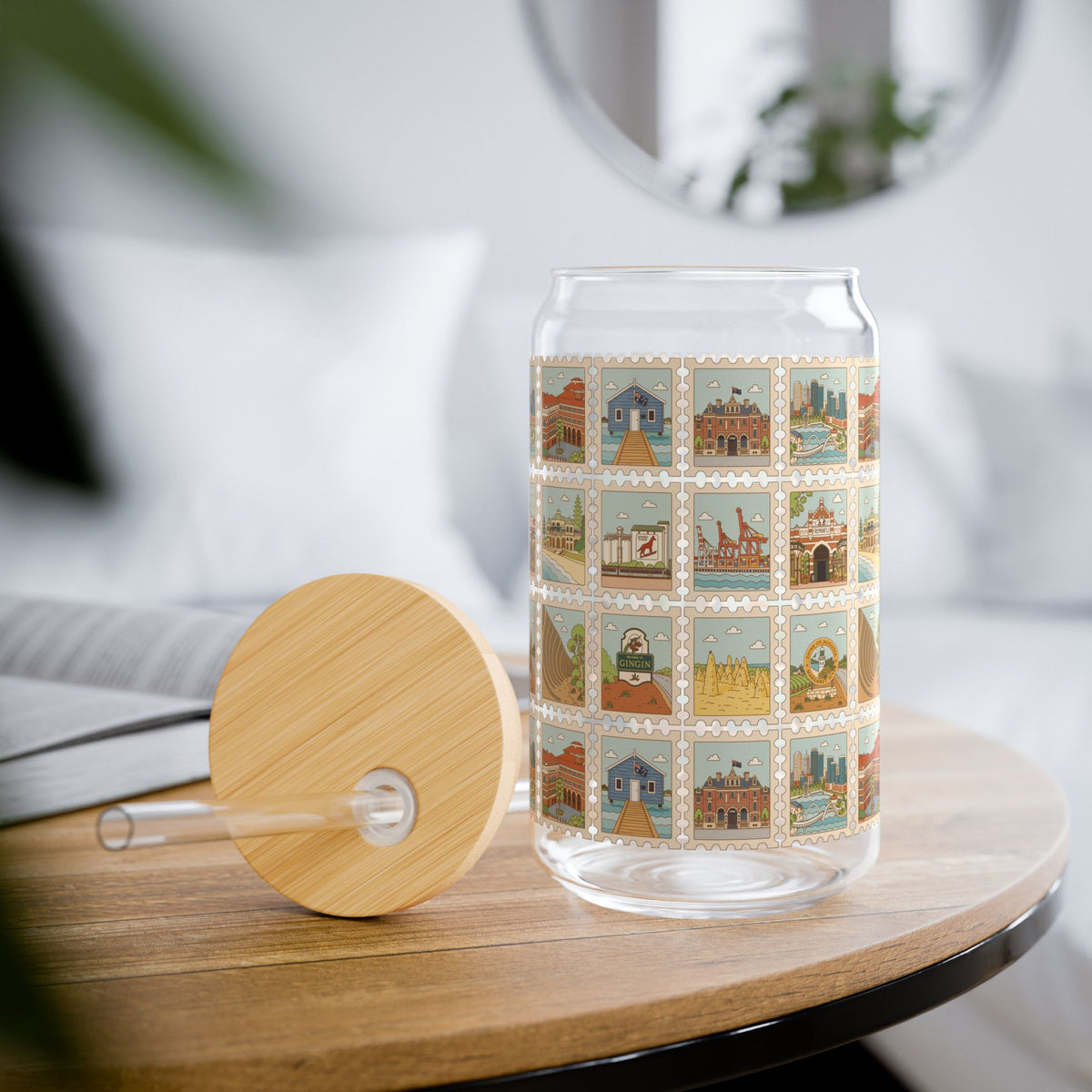 Glass Sipper Cup — Vintage Travel Postcard Collage, 16 oz with Bamboo Lid & Straw