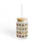 Glass Sipper Cup — Vintage Travel Postcard Collage, 16 oz with Bamboo Lid & Straw