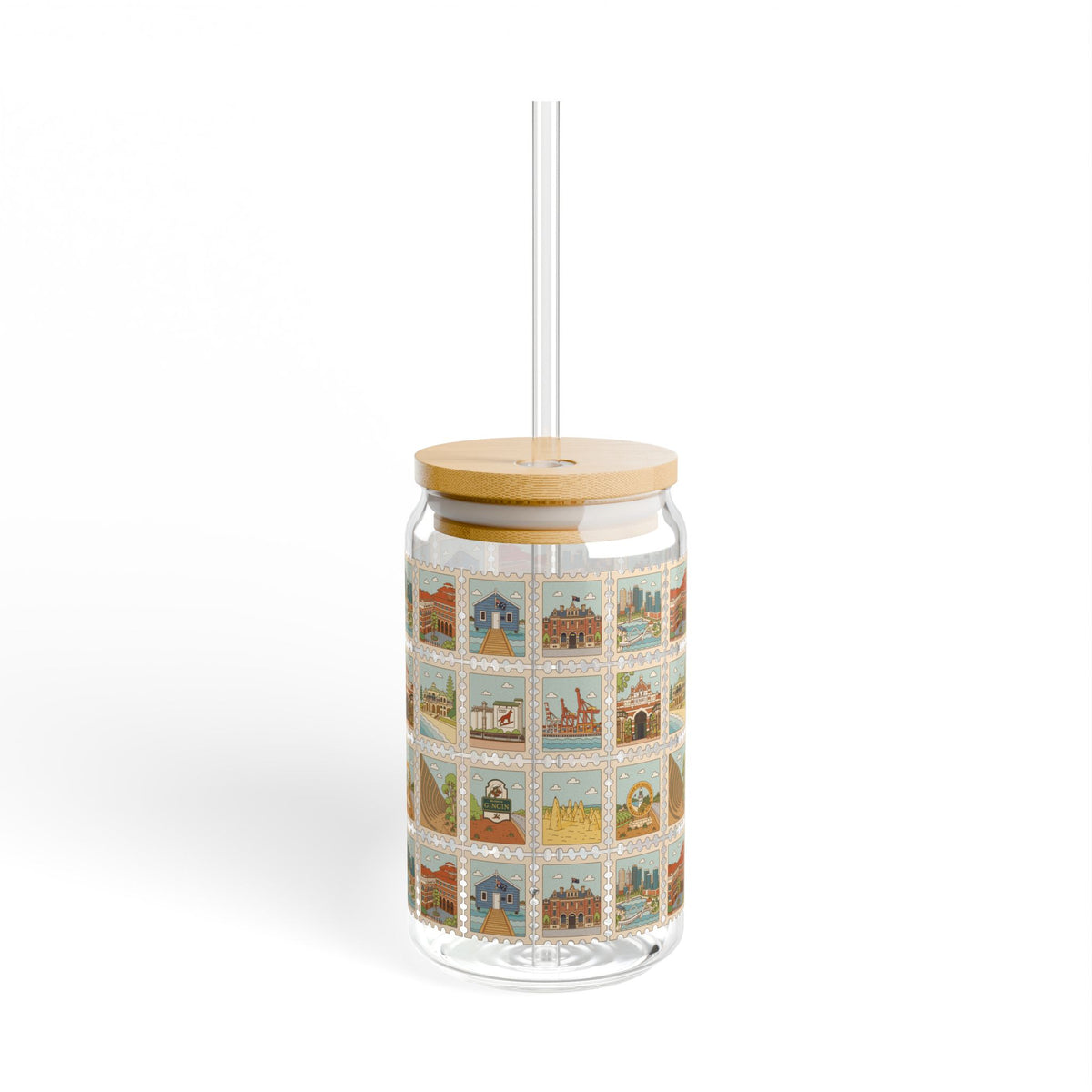 Glass Sipper Cup — Vintage Travel Postcard Collage, 16 oz with Bamboo Lid & Straw
